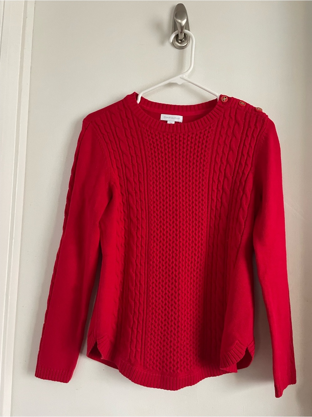 Charter Club Red Cable-Knit Crewneck Sweater with Shoulder Buttons